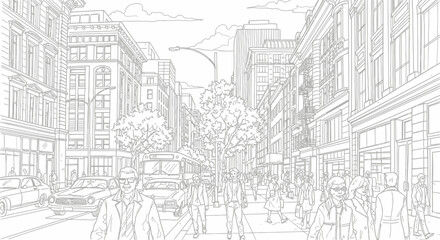 Fototapeta premium Detailed line art illustration of a bustling city street with pedestrians, cars, and urban buildings, depicting daily life.