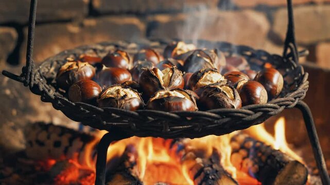 Delicious Roasted Chestnuts Cooking Over a Glowing Fireplace in Rustic Woven Basket for Warm Comfort