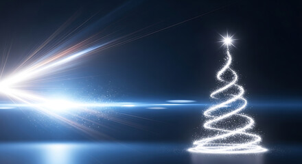 Obraz premium A glowing white spiral Christmas tree with a star on top, illuminated by a bright light beam from the left side, set against a dark blue background, viewed from the front.