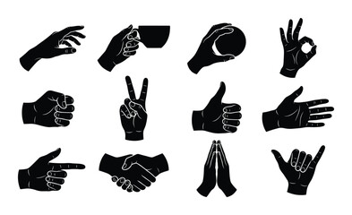 Fototapeta premium Hand gesture set holding object pointing like love with okay thumb palm peace praying hang loose showing