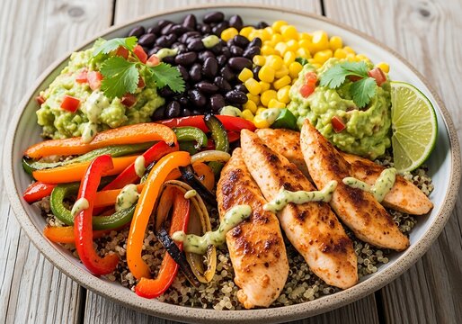Vibrant and nutritious grilled chicken quinoa bowl, packed with fresh black beans, corn, bell peppers, and creamy guacamole for a healthy and satisfying meal