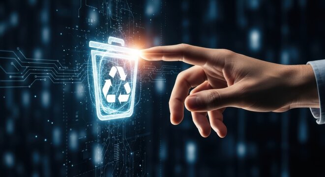 Male hand touching a glowing recycle bin to delete unnecessary files and clean up digital storage space.