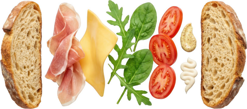 Sliced rustic bread cured ham cheese slice fresh spinach arugula tomato slices and sauces arranged as sandwich ingredients for a meal mayonnaise mustard gourmet food cooking