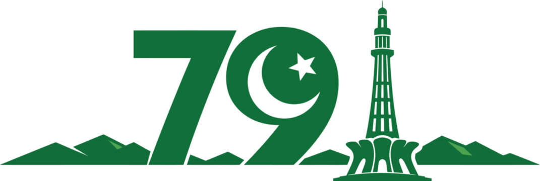79th Pakistan Independence Day vector illustration featuring the Minar-e-Pakistan and crescent moon with star symbol. Created in a flat green and white color palette.