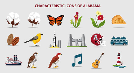 Obraz premium Characteristic Icons of Alabama State Symbols and Landmarks Collection