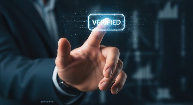 Businessman hand pressing a virtual verified badge to establish authenticity and build digital trust.