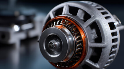 Fototapeta premium Detailed shot of alternator components including pulley rotor stator and housing, metallic surfaces with realistic reflections, gradient background, with copy space