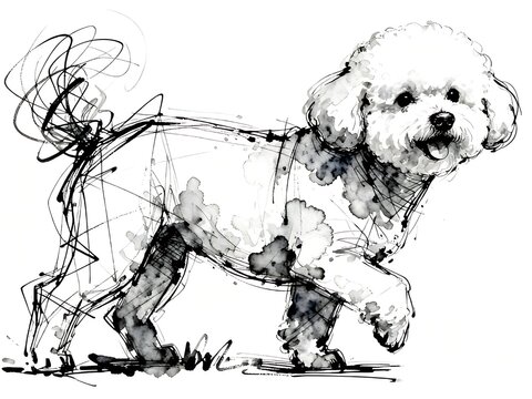 Minimalist abstract sketch series : happy Bichon Frise dog, isolated studio portrait of a canine pet in pure white background 007