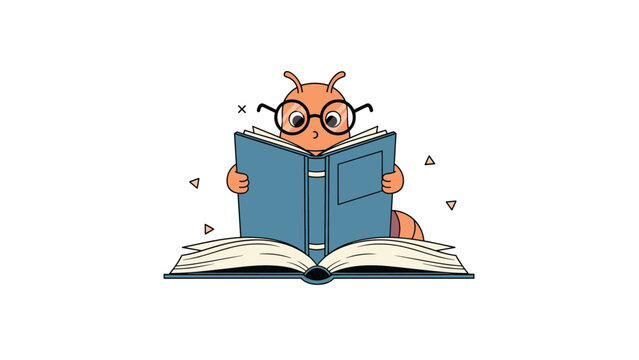 Adorable cartoon ant wearing glasses, engrossed in reading a large open book, symbolizing a love for learning and knowledge acquisition.