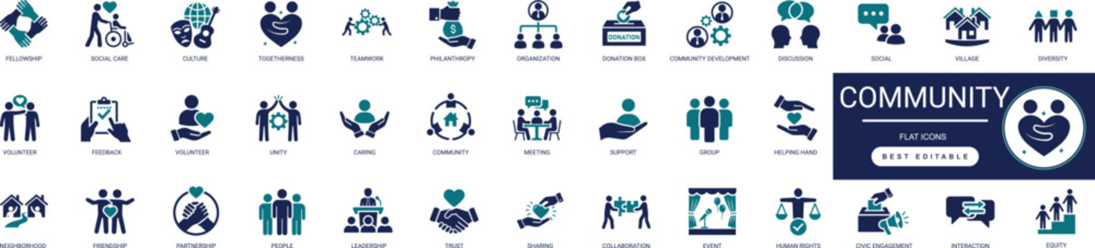 Community Social People Solid Icons set for Unity and Togetherness featuring Connection Group Support Diversity Teamwork Global Professional Vector Set Editable