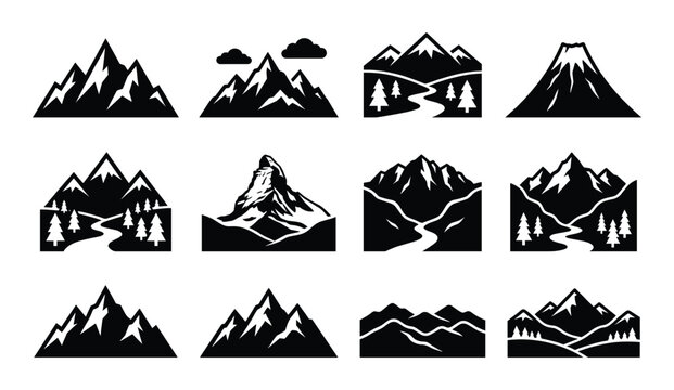 Mountain range outline logo set with forest river and clouds silhouette outdoor travel and adventure vector