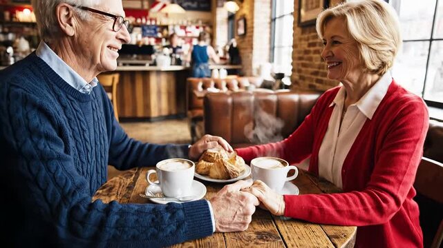 Senior white couple holding hands in cozy cafe, warm coffee and pastry on rustic table, romantic retirement lifestyle, Valentines Day date mood
