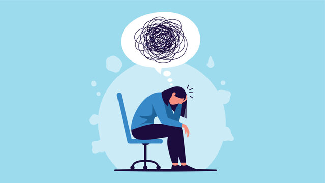 Stressed woman sitting dejectedly in a chair with a tangled thought bubble, symbolizing mental distress, anxiety, and overwhelm.