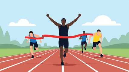 Fototapeta premium Triumphant athlete crossing the finish line first in a race, celebrating victory and achievement with raised arms.
