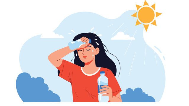 Young woman suffering from heat stroke outdoors, holding a bottle of water and trying to cool down with another bottle of water on her forehead.