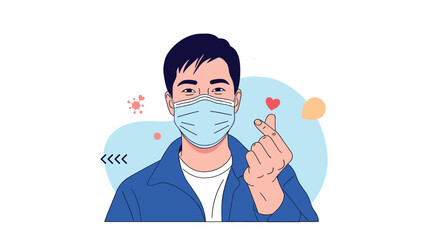 Young man wearing a face mask and making a finger heart gesture, symbolizing love, care, and health protection during pandemic.