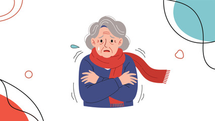 Elderly woman shivering and feeling intensely cold, wrapped in a scarf, symbolizing hypothermia or seasonal discomfort.