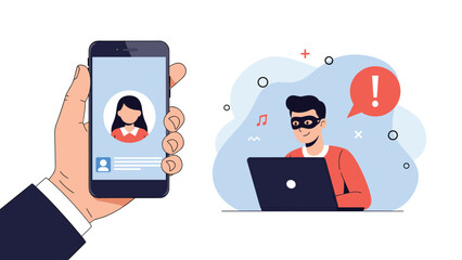 Hand holding a phone displaying a contact, while a masked hacker works on a laptop, symbolizing cybercrime and identity theft.