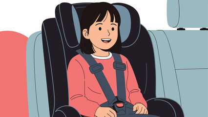 Happy child smiling while securely fastened in a car safety seat, emphasizing child safety and secure travel.