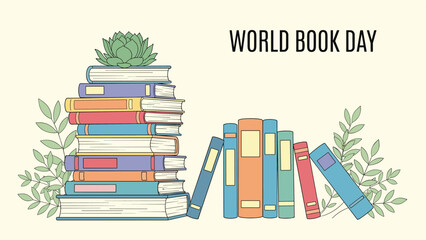Stack of colorful books with "World Book Day" text, celebrating reading, literature, education, and knowledge worldwide.
