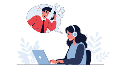 Female customer service agent dealing with an angry, yelling customer on the phone, symbolizing stress and challenging work.