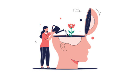 Woman watering a flower growing inside a giant human head, symbolizing mental health, personal growth, and nurturing the mind.