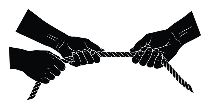 Tug of war vector illustration in flat design, hands pulling rope in competitive game activity