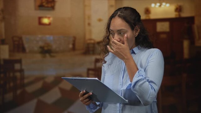 Woman holding clipboard, hand covering mouth while reading from papers in a church building with pews and altar in view; grief prayer.