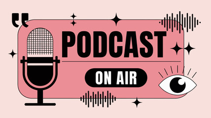 Obraz premium A vibrant pink graphic announces a podcast is on air featuring a vintage microphone sound waves and a stylized watchful eye high quality professional detailed modern