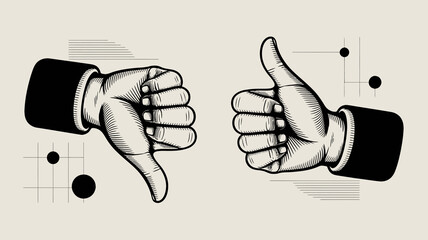 A contrasting illustration depicts two hands making opposing gestures a thumbs down on the left and a thumbs up on the right symbolizing disagreement high quality © rocky
