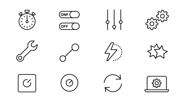 A collection of minimalist black and white line icons representing various settings tools and abstract concepts arranged in a grid format high quality professional detailed modern