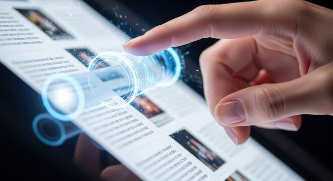 Close up of hand manipulating a virtual scroll wheel to browse long content.