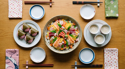 ひな祭りの食事　ちらし寿司・桜餅・甘酒