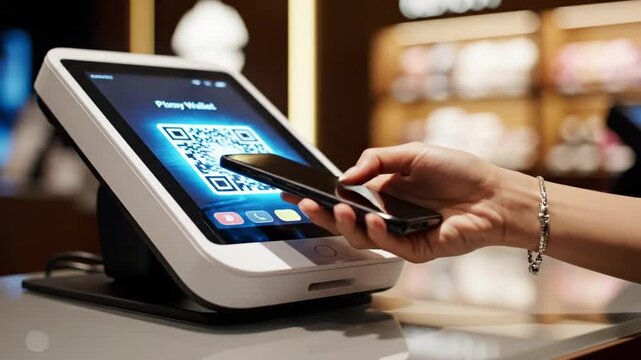 Cinematic Close Up of a Point of Sale Terminal Displaying a Digital QR Code Payment Interface for Wireless Financial Transactions in a Modern Retail Environment with High Resolution Clarity