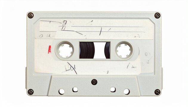Vintage audio cassette tape with beige label, black casing, transparent window showing spools of magnetic tape.