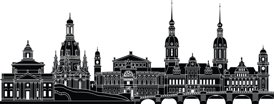 Dresden Germany skyline silhouette vector illustration featuring Frauenkirche and historic architecture for travel and European tourism concepts.