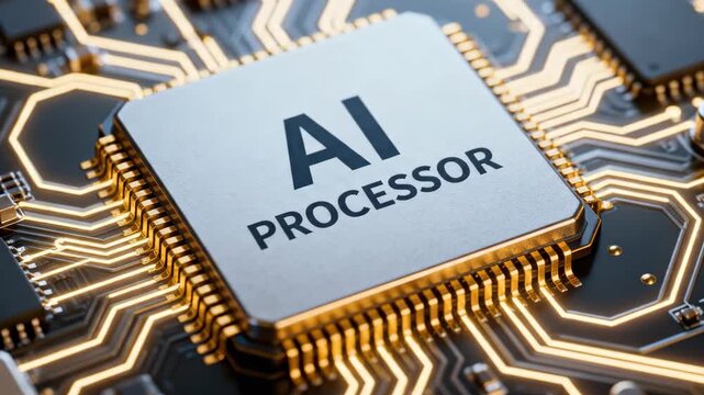 Close-up of a central AI processor chip with glowing golden circuitry on a motherboard.