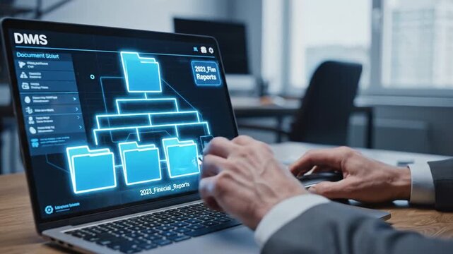 Cinematic Slow Motion Visualization of Systematic Digital Data Storage Systems with Hierarchical Folder Structures and Advanced Information Management Technology in High Definition 4K Background