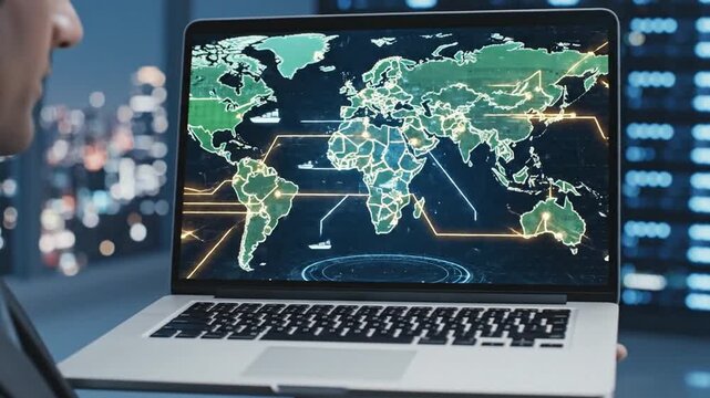 Cinematic professional man holding laptop computer featuring glowing digital world map and global network connections for international business and technology communication visualization.