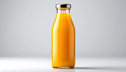 Bottle of orange juice with fresh oranges, halved and whole, arranged neatly with green leaves on white surface.