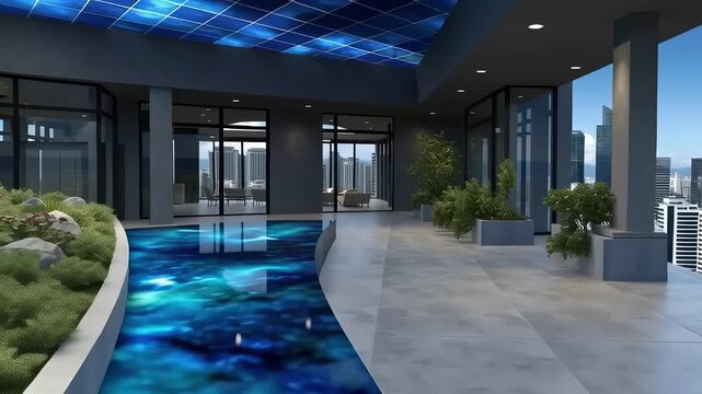 Futuristic indoor pool luxury rooftop garden modern city skyline glass ceiling blue water reflection urban high rise panoramic window contemporary architecture relaxing oasis sky view solar panel