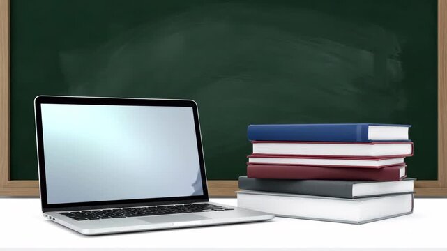 A modern laptop sits open beside a stack of books on a white desk, placed in front of a classic green chalkboard.