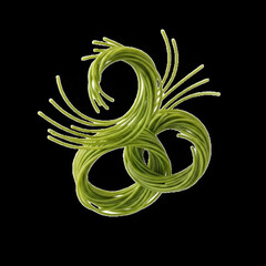 Green cable loops in a knot on black background