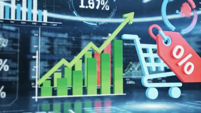 Professional cinematic slow-motion display of financial business graph showing percentage shopping discount icons and fiscal tax adjustment data for economic analysis in 4K resolution