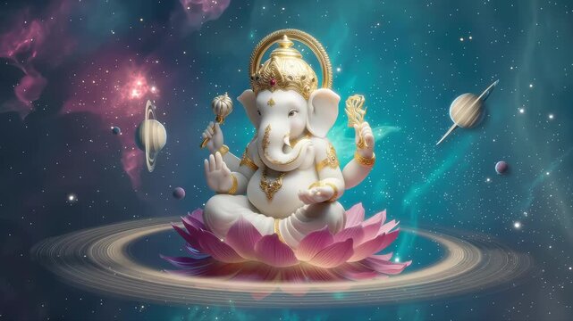 Hindu god ganesha statue lotus flower cosmic space fantasy meditation spiritual blessing divine energy galaxy aura serene celestial universe sacred symbol indian culture mystic nebula