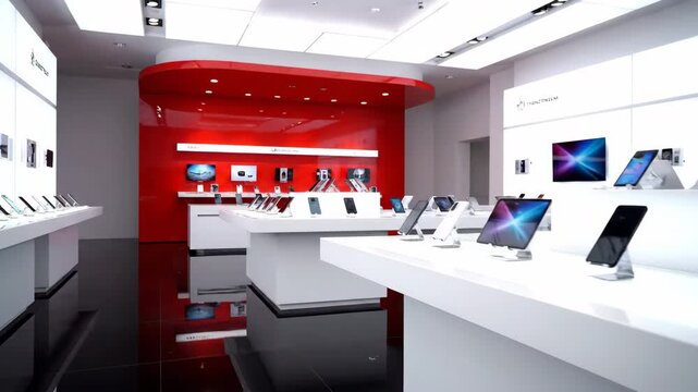 Interior of a modern technology retail store featuring rows of electronic gadgets on white display stands, set against a striking red accent wall.