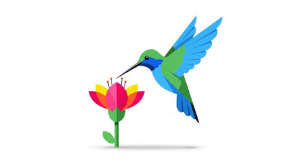 Obraz premium Hummingbird hovering near colorful flower drinking nectar in mid air flight