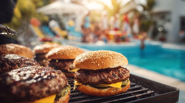 Closeup of juicy gourmet hamburgers grilling beside swimming pool with blurred family celebration in background. Father&rsquo;s Day backyard barbecue, summer bonding, vacation classic American cookout.