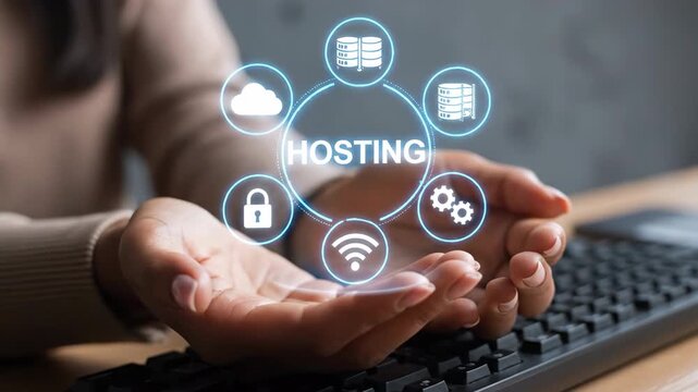 Hands holding a glowing digital network of hosting icons including cloud lock wifi and server symbols. Technology concept.