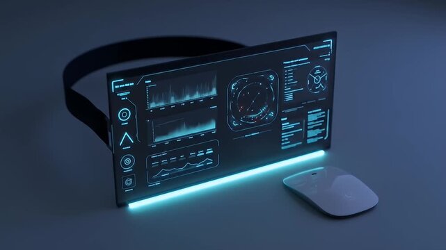 Futuristic headset with blue neon interface and a minimalist wireless mouse nearby